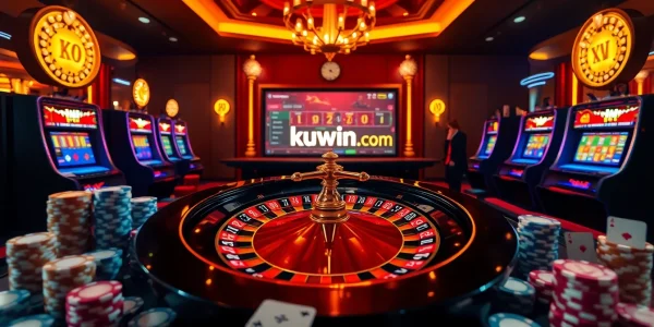 Engaging scene of casino excitement with kuwin.com betting action on roulette and poker.