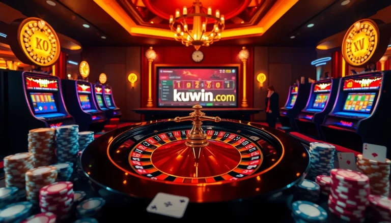 Engaging scene of casino excitement with kuwin.com betting action on roulette and poker.