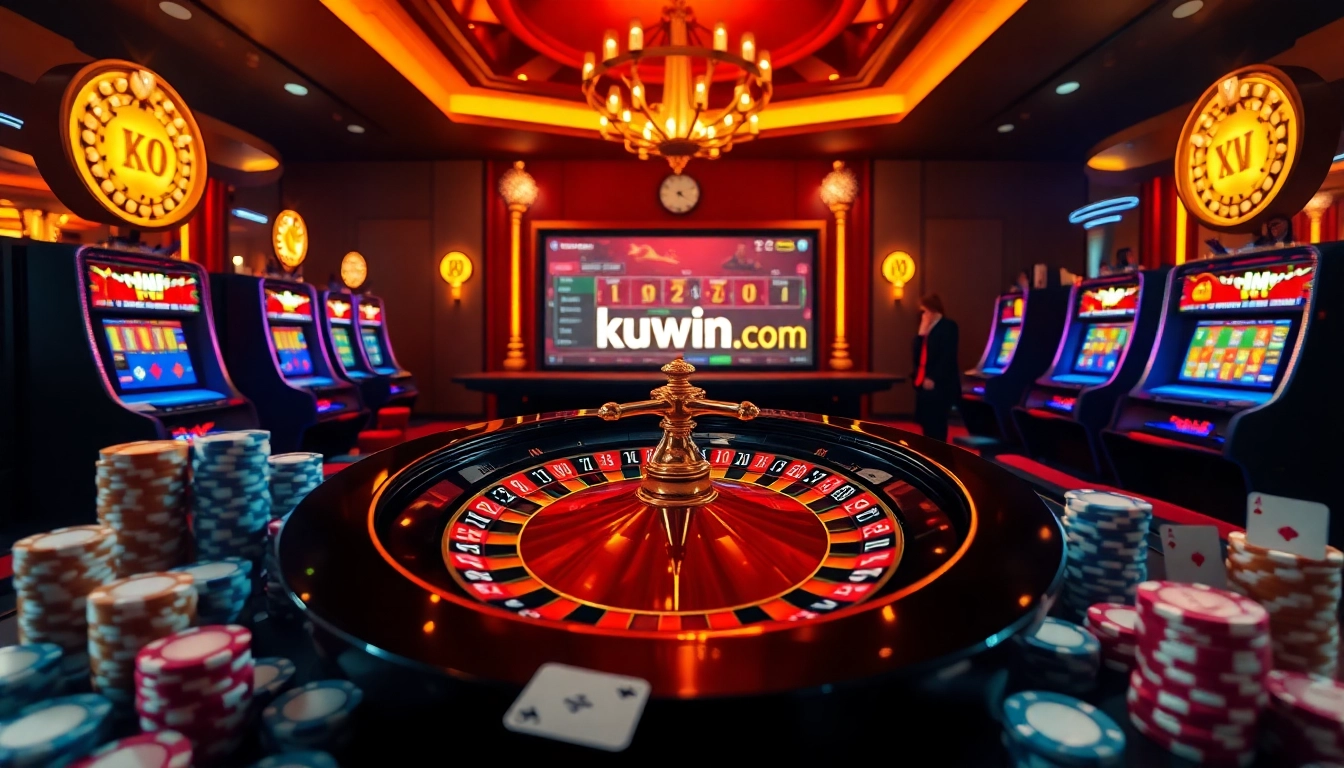 Engaging scene of casino excitement with kuwin.com betting action on roulette and poker.