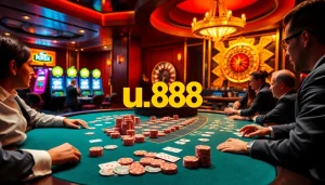 Experience thrilling games at u888's luxurious poker table in a vibrant casino setting.