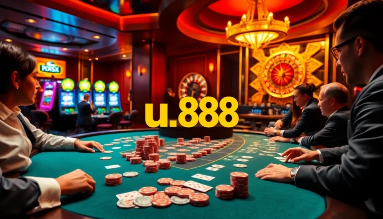 Experience thrilling games at u888's luxurious poker table in a vibrant casino setting.